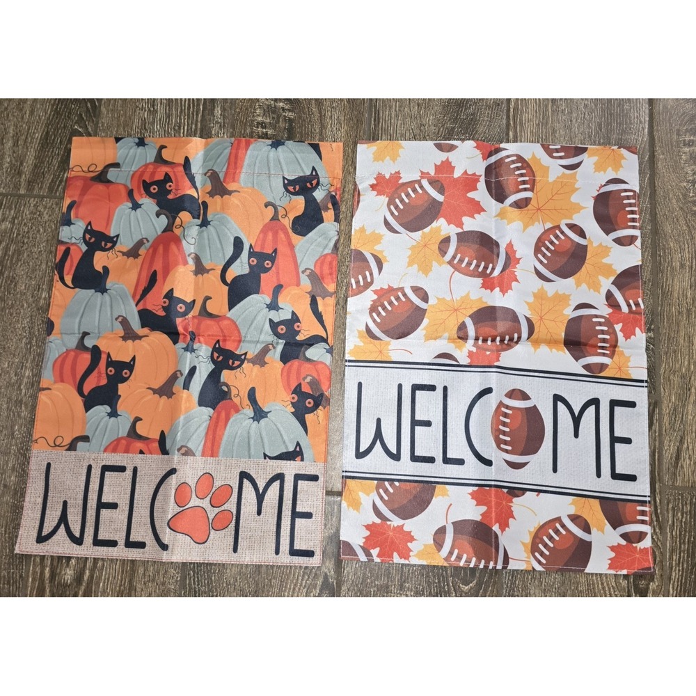 2Pcs Fall Garden Flag 12x18 Inch Double Sided Outside, Welcome Autumn Black Cat
